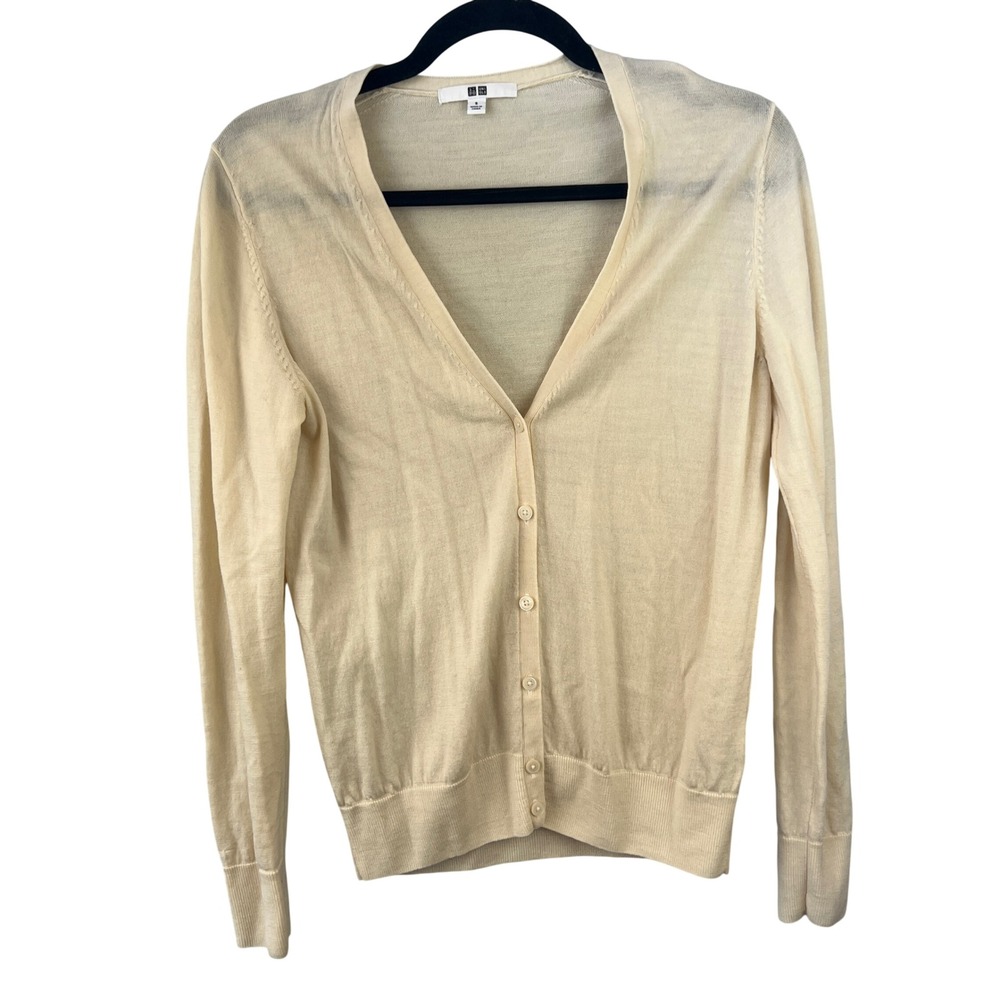 UNIQLO Wool Butter Yellow V-neck Lightweight‎ Cardigan SZ S Transition Spring
